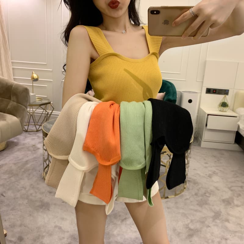 한 국풍 chic 밝은 색상 주황색 주황색 주황색 색상 미니멀리즘 다용도 색상 니트 작은 조끼 캐미솔 여름 맨위 상세 이미지 17