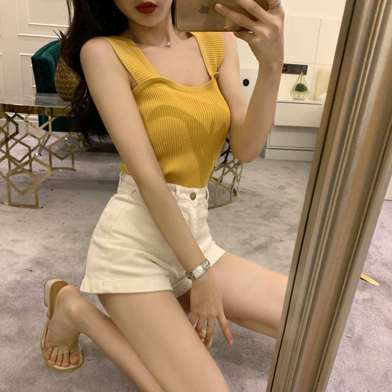 한 국풍 chic 밝은 색상 주황색 주황색 주황색 색상 미니멀리즘 다용도 색상 니트 작은 조끼 캐미솔 여름 맨위 상세 이미지 20