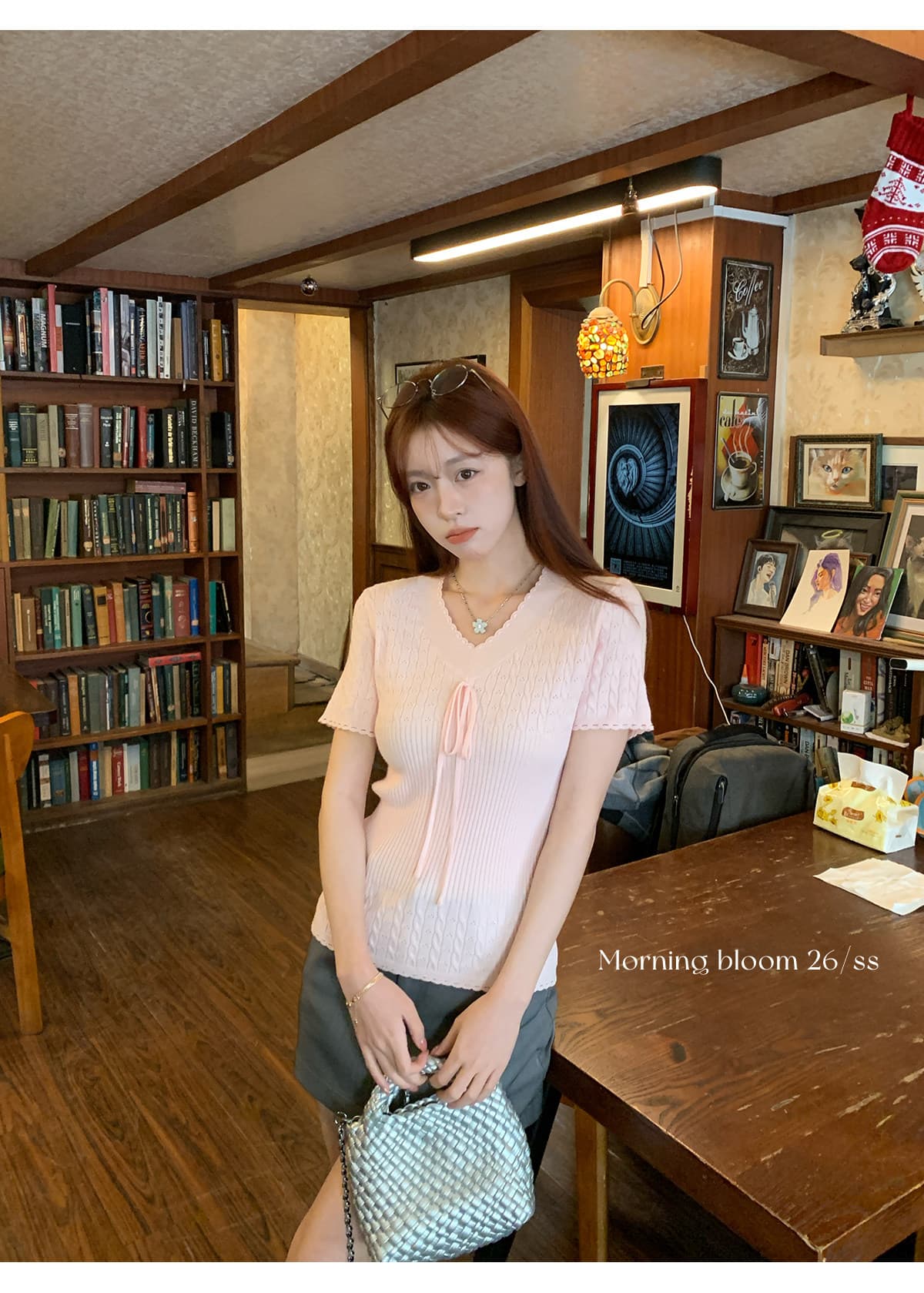 morning bloom 스트랩 레이스 니트 반팔 티셔츠 여성 여름 새로운 한 부서 착용 가져 가라. 허리 수축 핑크색 맨위 상세 이미지 8
