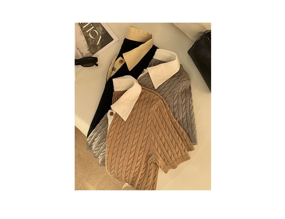 lin12-ivy style 레트로 POLO 칼라 꽈배기 반팔 양모 니트 스웨터 오래된 돈 긍정적 인 어깨 몸매 가꾸기 맨위 상세 이미지 6