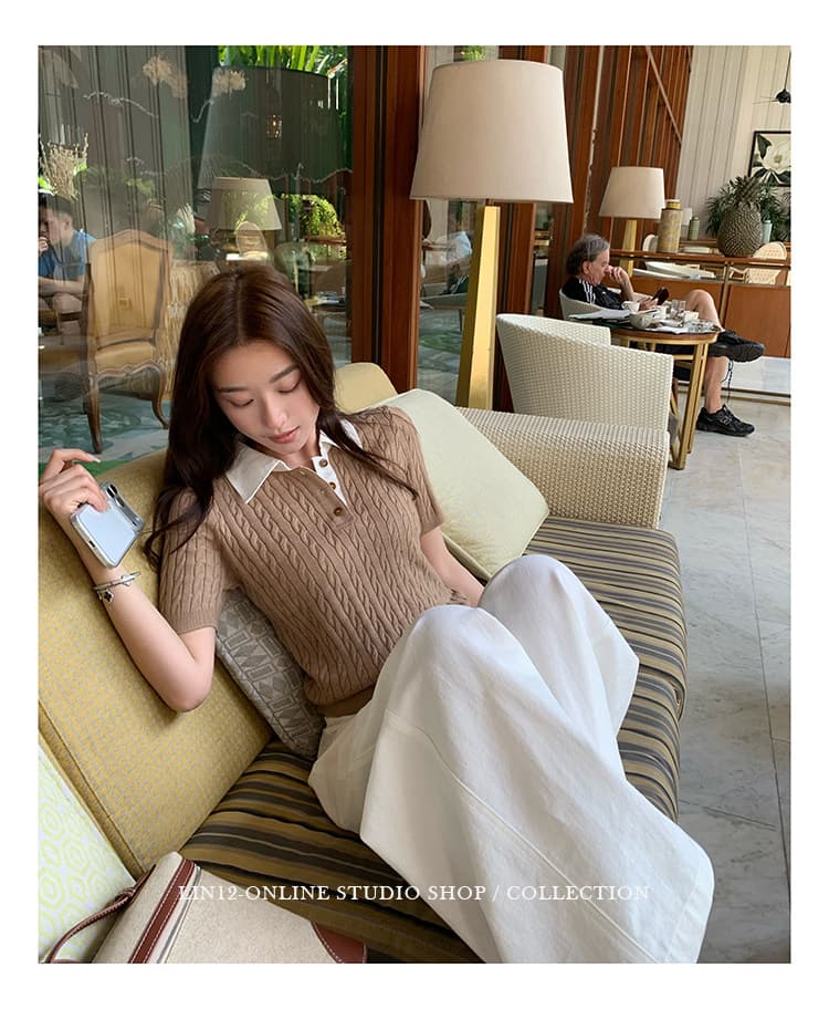 lin12-ivy style 레트로 POLO 칼라 꽈배기 반팔 양모 니트 스웨터 오래된 돈 긍정적 인 어깨 몸매 가꾸기 맨위 상세 이미지 18
