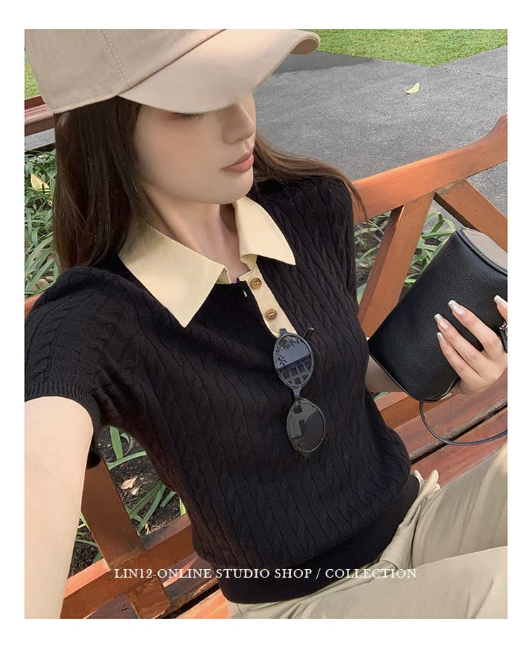 lin12-ivy style 레트로 POLO 칼라 꽈배기 반팔 양모 니트 스웨터 오래된 돈 긍정적 인 어깨 몸매 가꾸기 맨위 상세 이미지 24