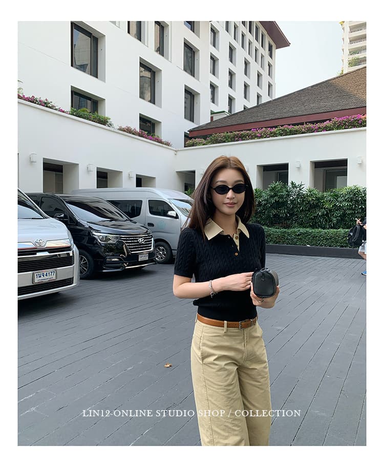 lin12-ivy style 레트로 POLO 칼라 꽈배기 반팔 양모 니트 스웨터 오래된 돈 긍정적 인 어깨 몸매 가꾸기 맨위 상세 이미지 26