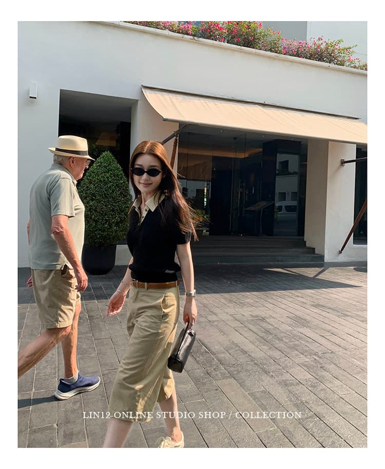lin12-ivy style 레트로 POLO 칼라 꽈배기 반팔 양모 니트 스웨터 오래된 돈 긍정적 인 어깨 몸매 가꾸기 맨위 상세 이미지 27