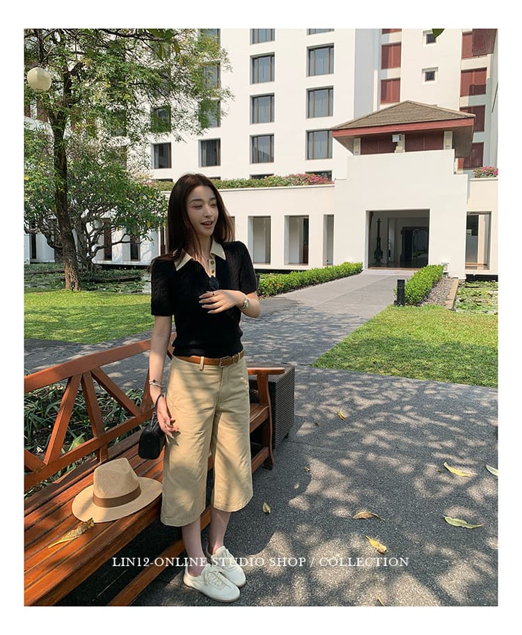 lin12-ivy style 레트로 POLO 칼라 꽈배기 반팔 양모 니트 스웨터 오래된 돈 긍정적 인 어깨 몸매 가꾸기 맨위 상세 이미지 28