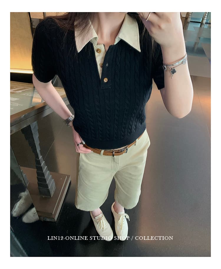lin12-ivy style 레트로 POLO 칼라 꽈배기 반팔 양모 니트 스웨터 오래된 돈 긍정적 인 어깨 몸매 가꾸기 맨위 상세 이미지 30