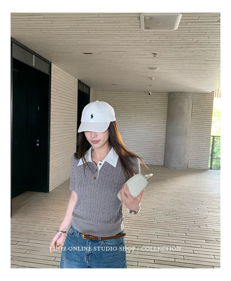 lin12-ivy style 레트로 POLO 칼라 꽈배기 반팔 양모 니트 스웨터 오래된 돈 긍정적 인 어깨 몸매 가꾸기 맨위 상세 이미지 37