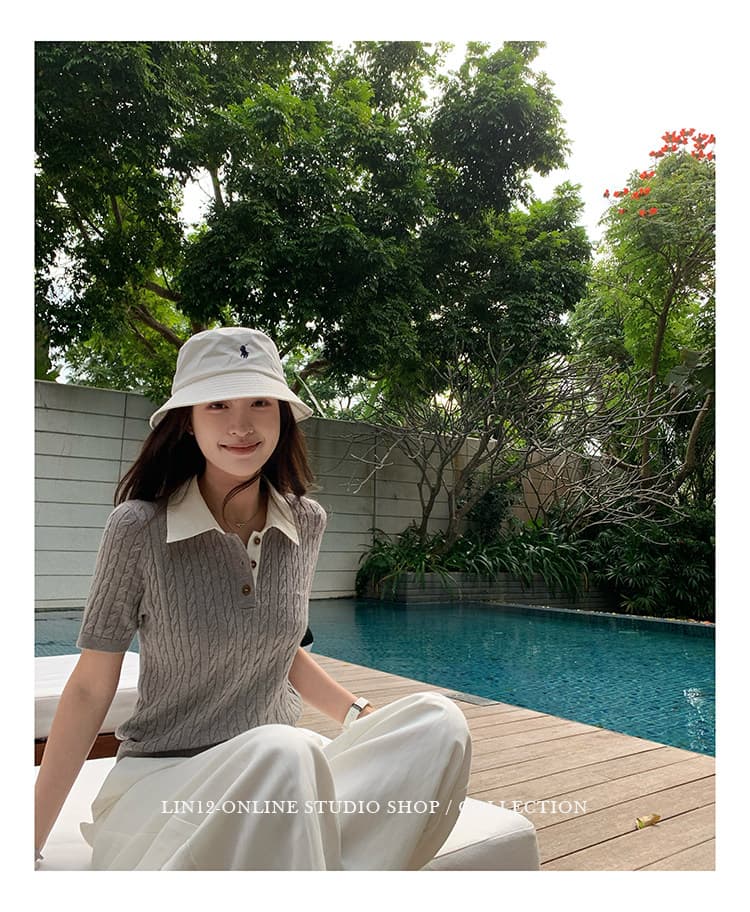 lin12-ivy style 레트로 POLO 칼라 꽈배기 반팔 양모 니트 스웨터 오래된 돈 긍정적 인 어깨 몸매 가꾸기 맨위 상세 이미지 45