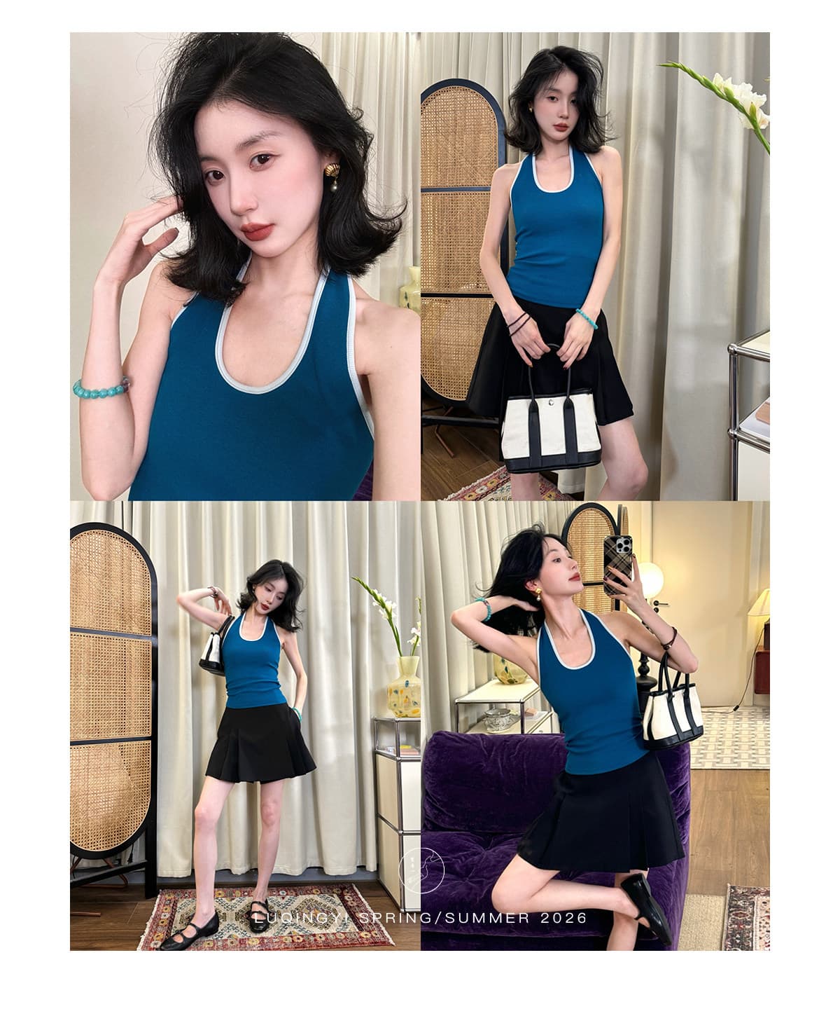 왜가리 녹색 하나 오리지널 스페셜 색상 레트로 배색 캐미솔 여름 외출용 리브 면 니트 몸매 가꾸기 행침 목 맨위 상세 이미지 7