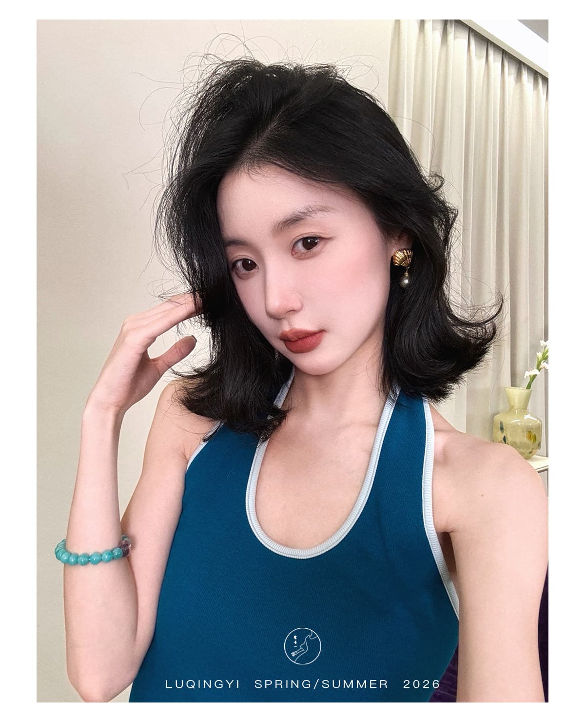 왜가리 녹색 하나 오리지널 스페셜 색상 레트로 배색 캐미솔 여름 외출용 리브 면 니트 몸매 가꾸기 행침 목 맨위 상세 이미지 11