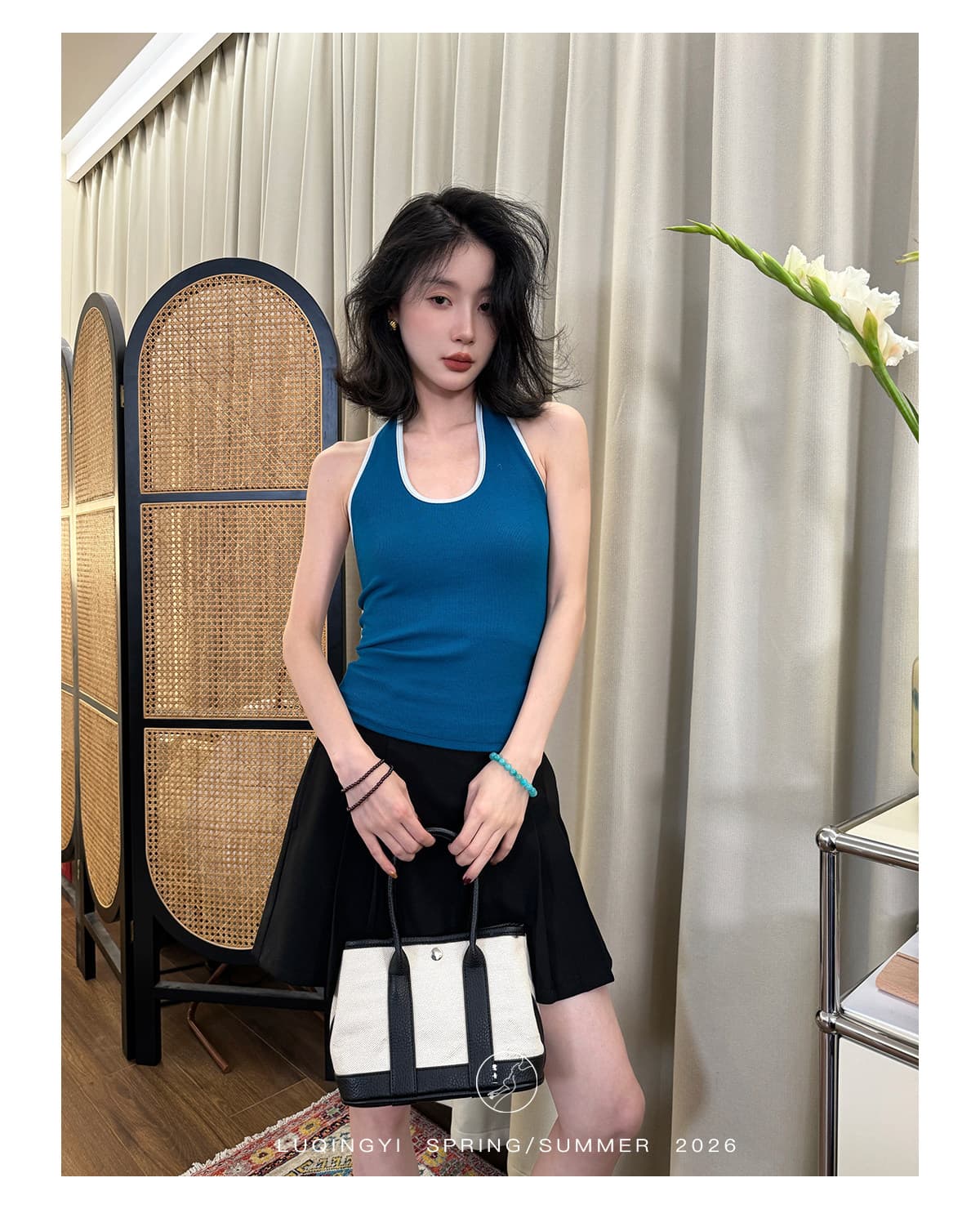 왜가리 녹색 하나 오리지널 스페셜 색상 레트로 배색 캐미솔 여름 외출용 리브 면 니트 몸매 가꾸기 행침 목 맨위 상세 이미지 13