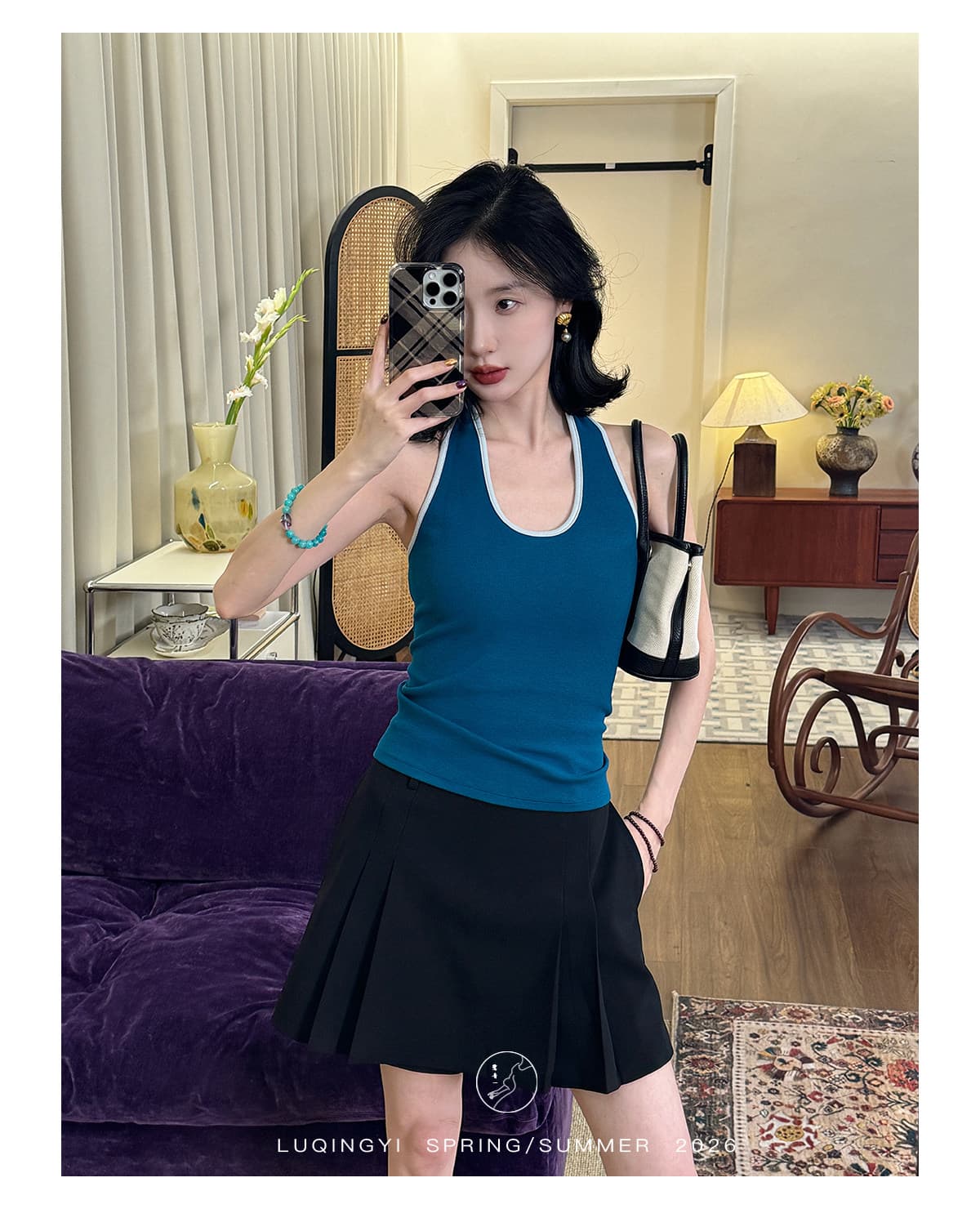 왜가리 녹색 하나 오리지널 스페셜 색상 레트로 배색 캐미솔 여름 외출용 리브 면 니트 몸매 가꾸기 행침 목 맨위 상세 이미지 15