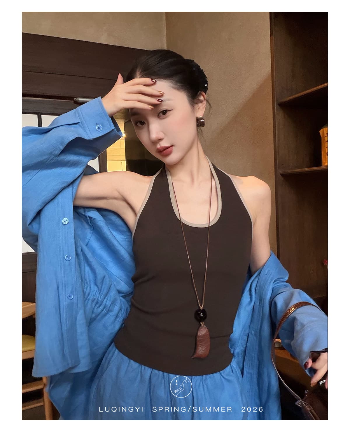 왜가리 녹색 하나 오리지널 스페셜 색상 레트로 배색 캐미솔 여름 외출용 리브 면 니트 몸매 가꾸기 행침 목 맨위 상세 이미지 38