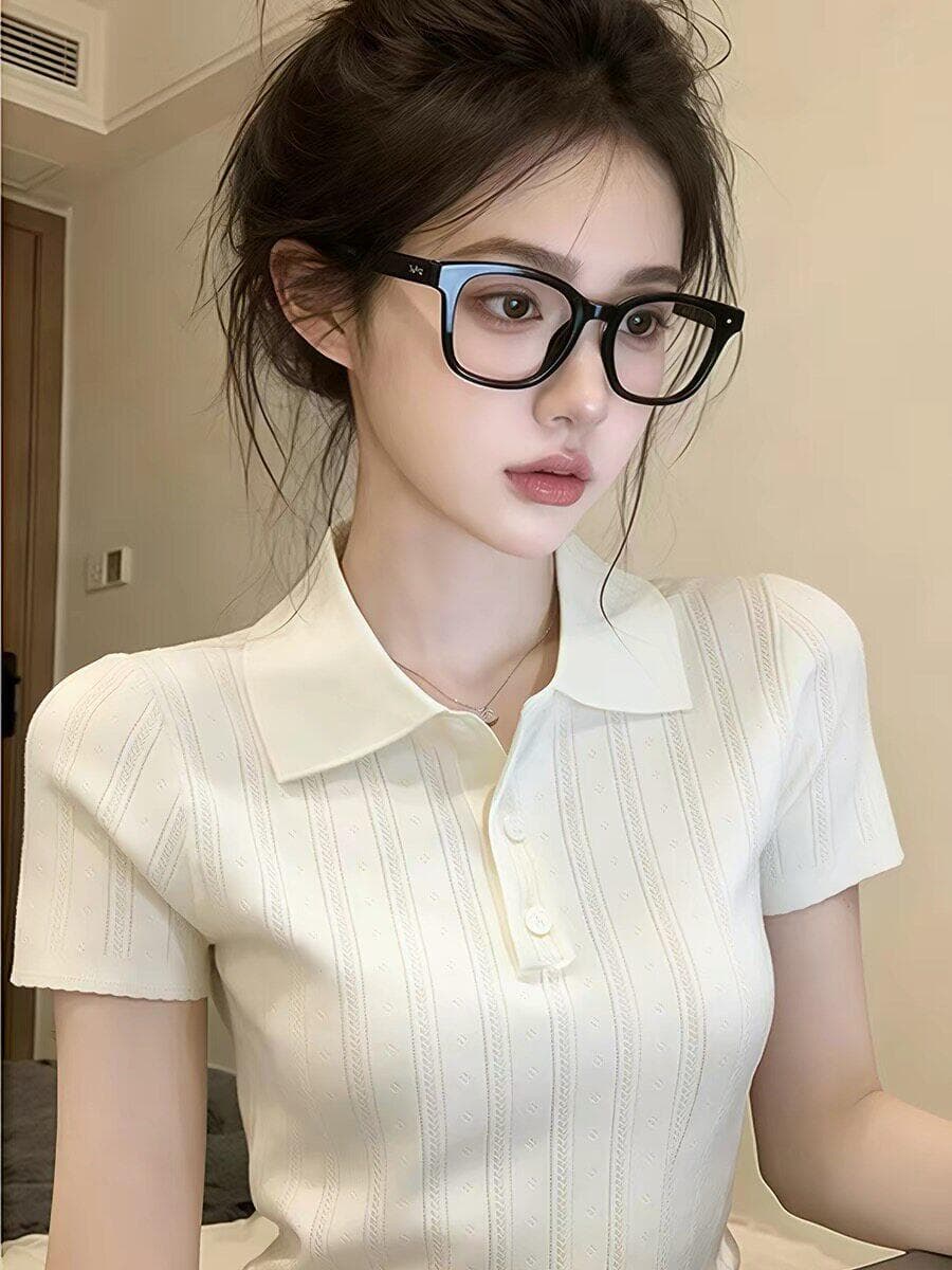 한 부서 부드러운 바람 POLO 칼라 니트 반팔 티셔츠 여성 여름 디자인 센스 세로 줄무늬 몸매 가꾸기 슬림해 보이는 짧은 맨위 이미지 3