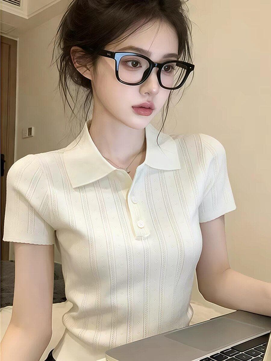 한 부서 부드러운 바람 POLO 칼라 니트 반팔 티셔츠 여성 여름 디자인 센스 세로 줄무늬 몸매 가꾸기 슬림해 보이는 짧은 맨위 이미지 4