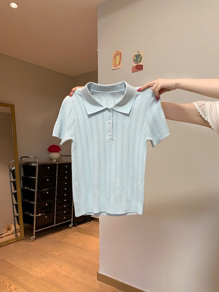 한 부서 부드러운 바람 POLO 칼라 니트 반팔 티셔츠 여성 여름 디자인 센스 세로 줄무늬 몸매 가꾸기 슬림해 보이는 짧은 맨위 상세 이미지 9