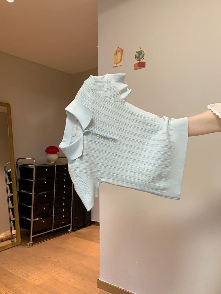 한 부서 부드러운 바람 POLO 칼라 니트 반팔 티셔츠 여성 여름 디자인 센스 세로 줄무늬 몸매 가꾸기 슬림해 보이는 짧은 맨위 상세 이미지 10