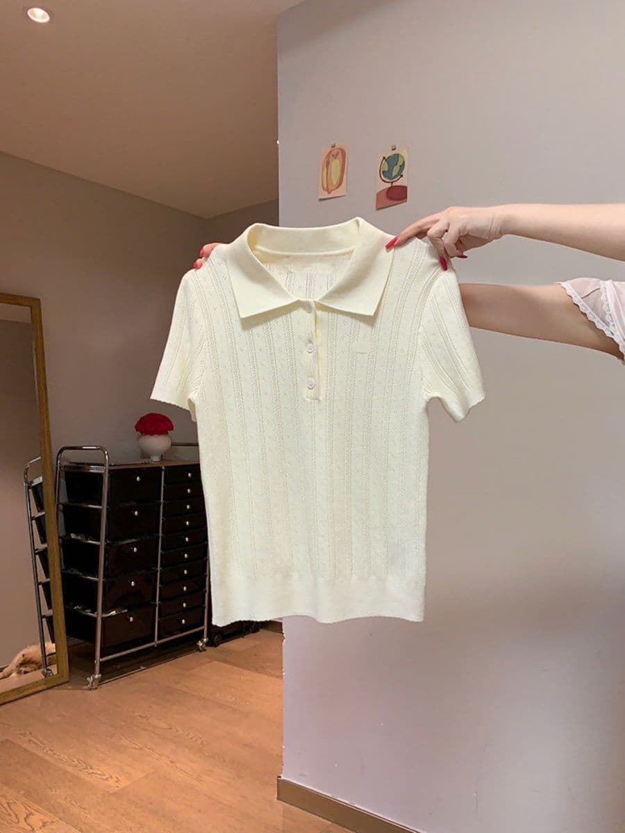 한 부서 부드러운 바람 POLO 칼라 니트 반팔 티셔츠 여성 여름 디자인 센스 세로 줄무늬 몸매 가꾸기 슬림해 보이는 짧은 맨위 상세 이미지 11