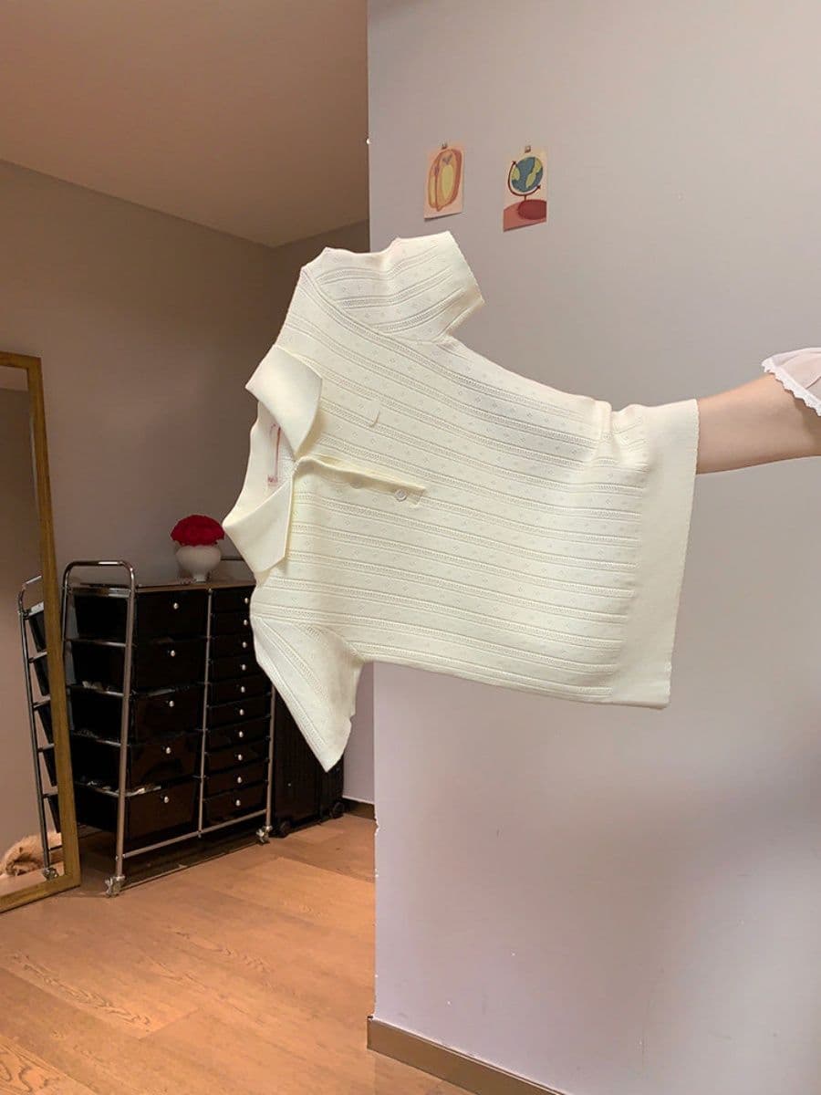 한 부서 부드러운 바람 POLO 칼라 니트 반팔 티셔츠 여성 여름 디자인 센스 세로 줄무늬 몸매 가꾸기 슬림해 보이는 짧은 맨위 상세 이미지 12