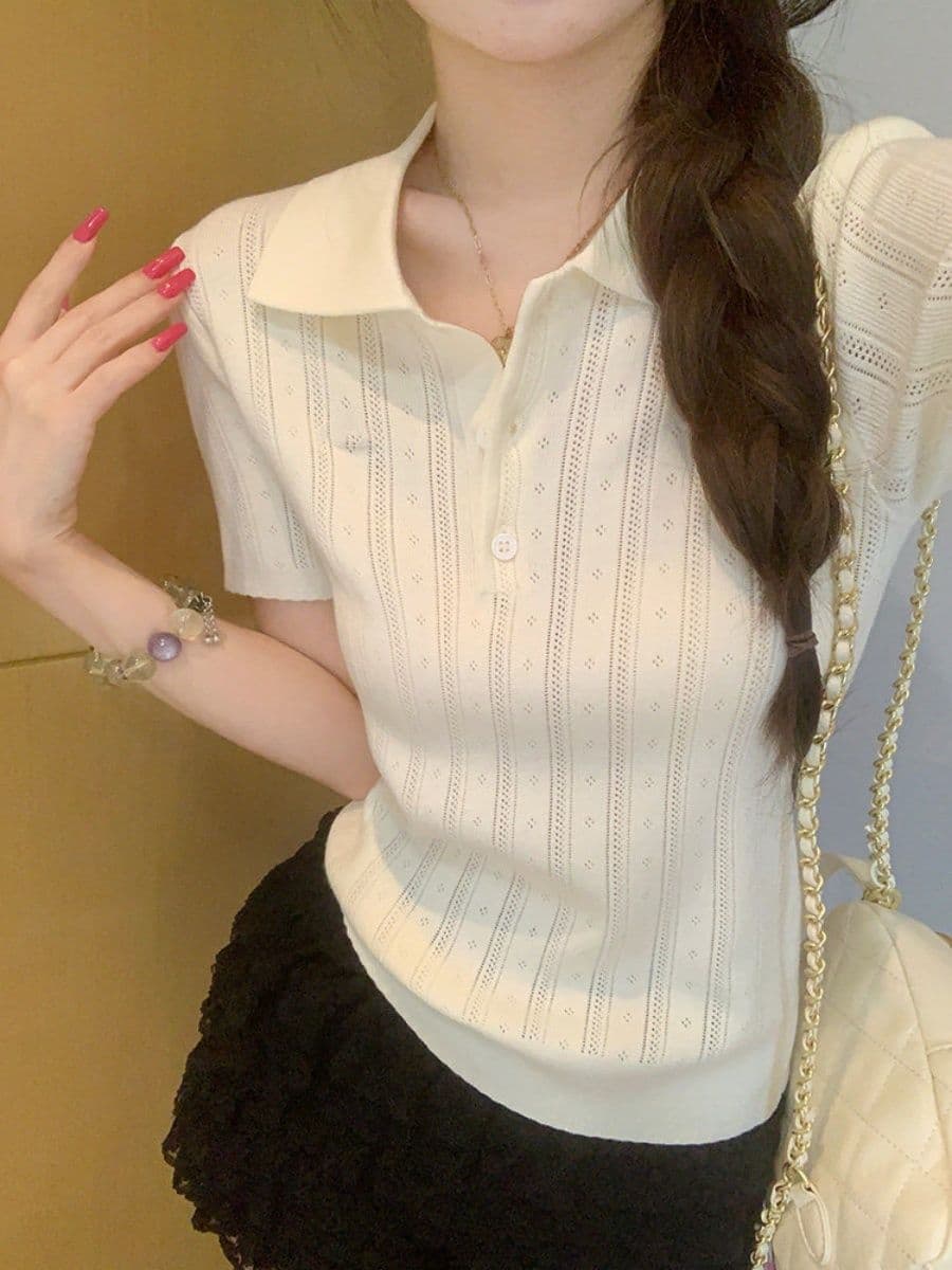 한 부서 부드러운 바람 POLO 칼라 니트 반팔 티셔츠 여성 여름 디자인 센스 세로 줄무늬 몸매 가꾸기 슬림해 보이는 짧은 맨위 상세 이미지 15