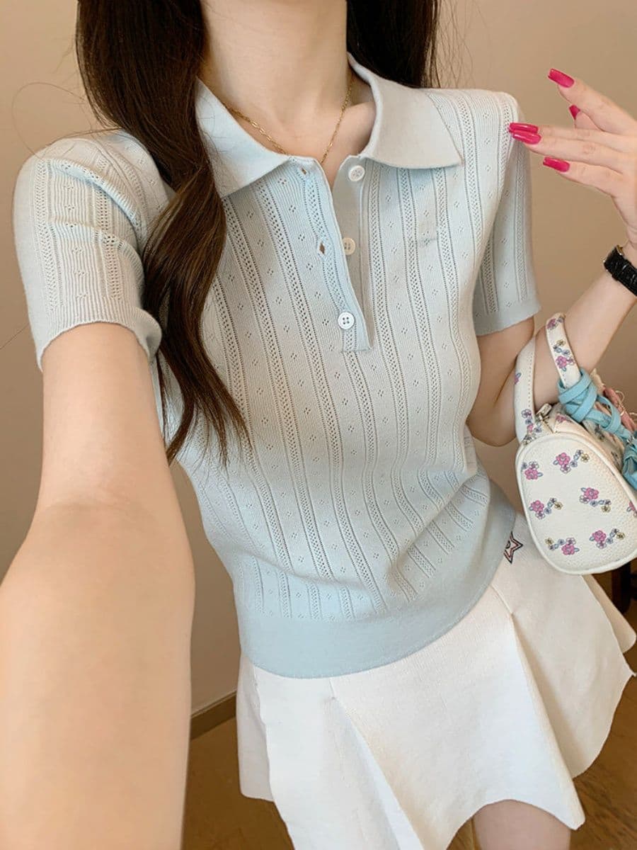 한 부서 부드러운 바람 POLO 칼라 니트 반팔 티셔츠 여성 여름 디자인 센스 세로 줄무늬 몸매 가꾸기 슬림해 보이는 짧은 맨위 상세 이미지 18