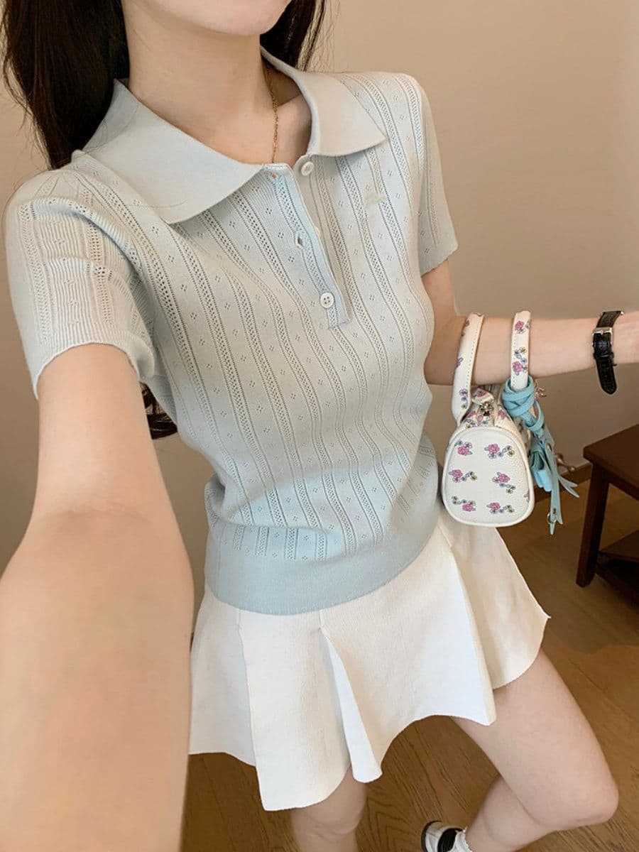 한 부서 부드러운 바람 POLO 칼라 니트 반팔 티셔츠 여성 여름 디자인 센스 세로 줄무늬 몸매 가꾸기 슬림해 보이는 짧은 맨위 상세 이미지 19