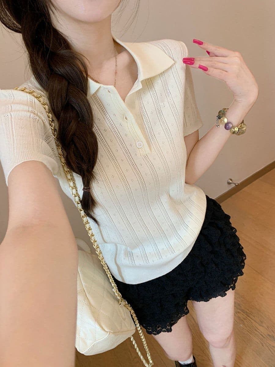 한 부서 부드러운 바람 POLO 칼라 니트 반팔 티셔츠 여성 여름 디자인 센스 세로 줄무늬 몸매 가꾸기 슬림해 보이는 짧은 맨위 상세 이미지 20