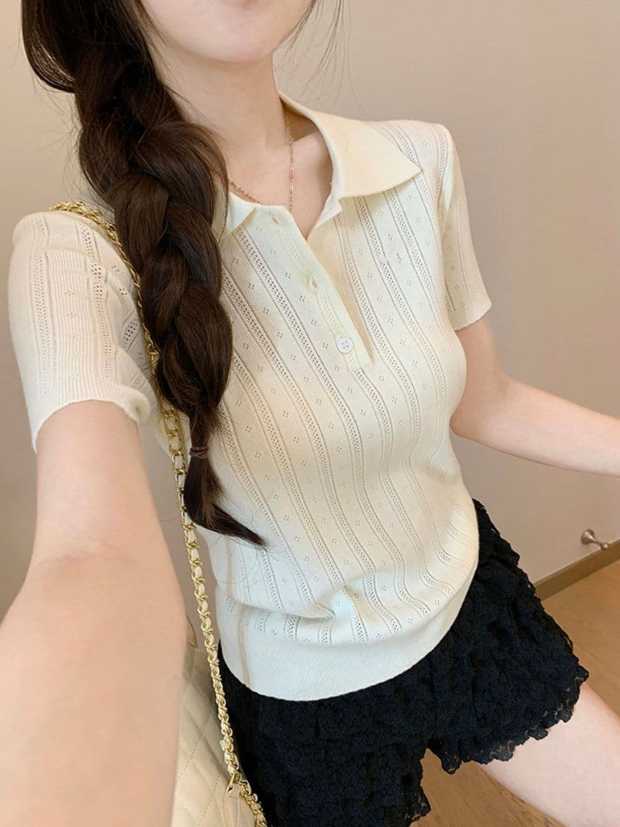 한 부서 부드러운 바람 POLO 칼라 니트 반팔 티셔츠 여성 여름 디자인 센스 세로 줄무늬 몸매 가꾸기 슬림해 보이는 짧은 맨위 상세 이미지 21