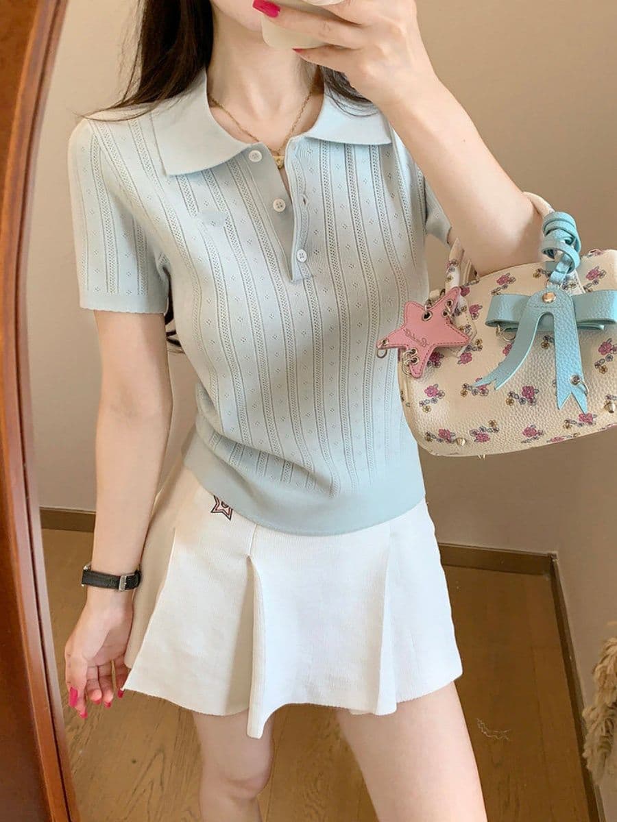 한 부서 부드러운 바람 POLO 칼라 니트 반팔 티셔츠 여성 여름 디자인 센스 세로 줄무늬 몸매 가꾸기 슬림해 보이는 짧은 맨위 상세 이미지 22