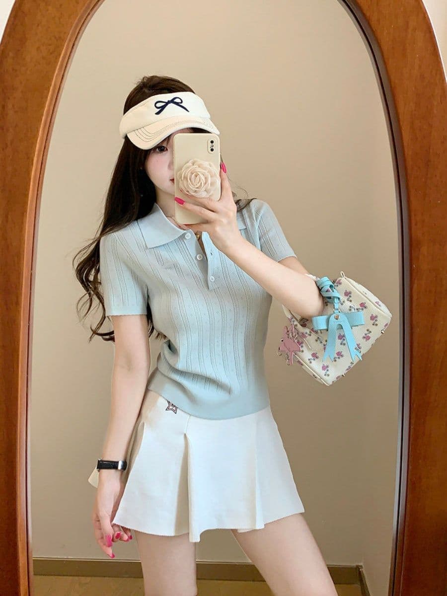 한 부서 부드러운 바람 POLO 칼라 니트 반팔 티셔츠 여성 여름 디자인 센스 세로 줄무늬 몸매 가꾸기 슬림해 보이는 짧은 맨위 상세 이미지 23