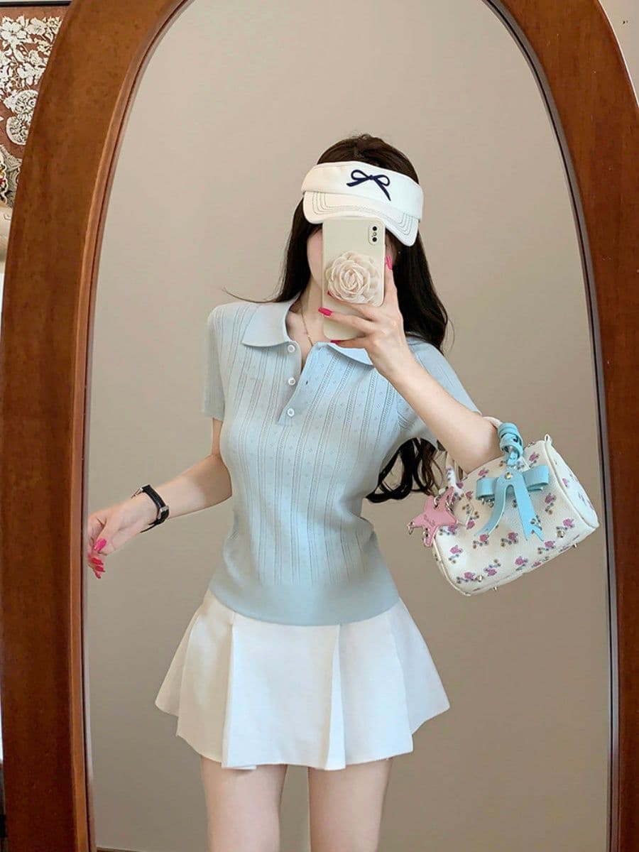 한 부서 부드러운 바람 POLO 칼라 니트 반팔 티셔츠 여성 여름 디자인 센스 세로 줄무늬 몸매 가꾸기 슬림해 보이는 짧은 맨위 상세 이미지 24