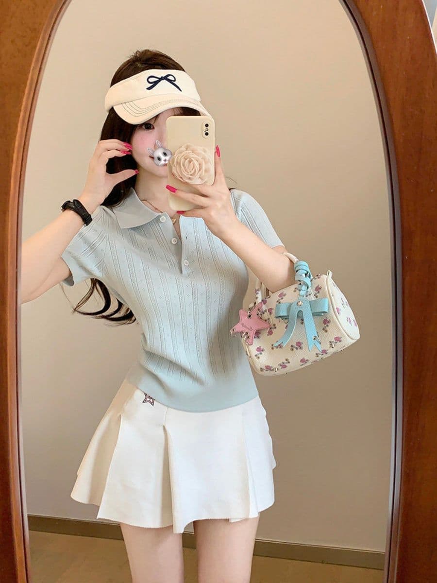 한 부서 부드러운 바람 POLO 칼라 니트 반팔 티셔츠 여성 여름 디자인 센스 세로 줄무늬 몸매 가꾸기 슬림해 보이는 짧은 맨위 상세 이미지 26