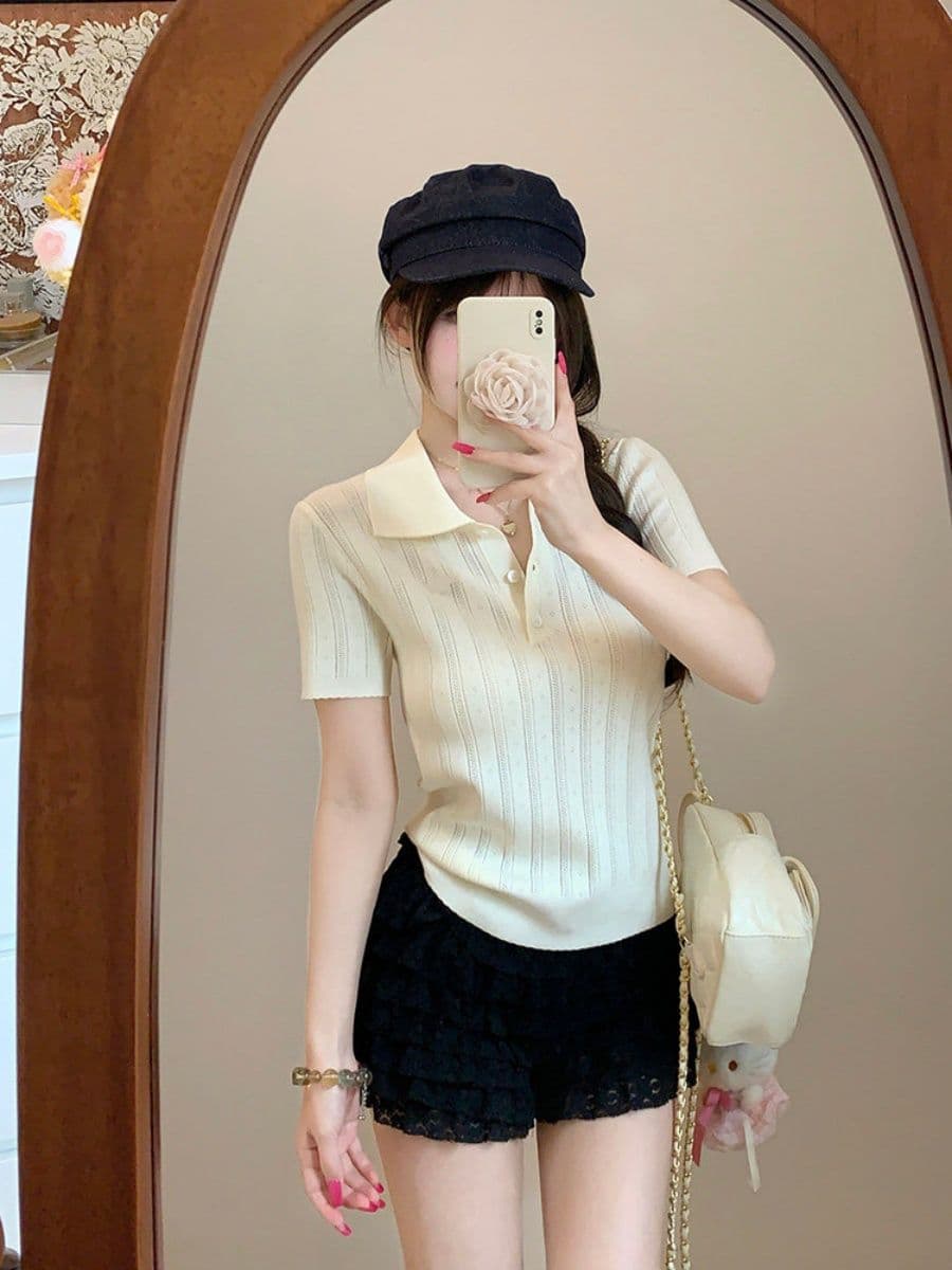 한 부서 부드러운 바람 POLO 칼라 니트 반팔 티셔츠 여성 여름 디자인 센스 세로 줄무늬 몸매 가꾸기 슬림해 보이는 짧은 맨위 상세 이미지 28