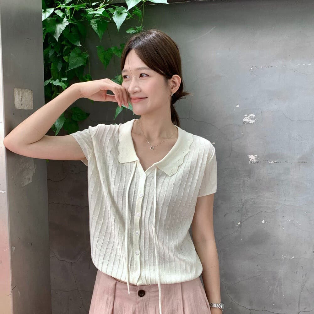2026 여름 새로운 레이스 폴로 칼라 레이스업 달콤함 작은 청신 주간 실크 아마 통기성 차가운 센스 니트 반팔 맨위 이미지 5
