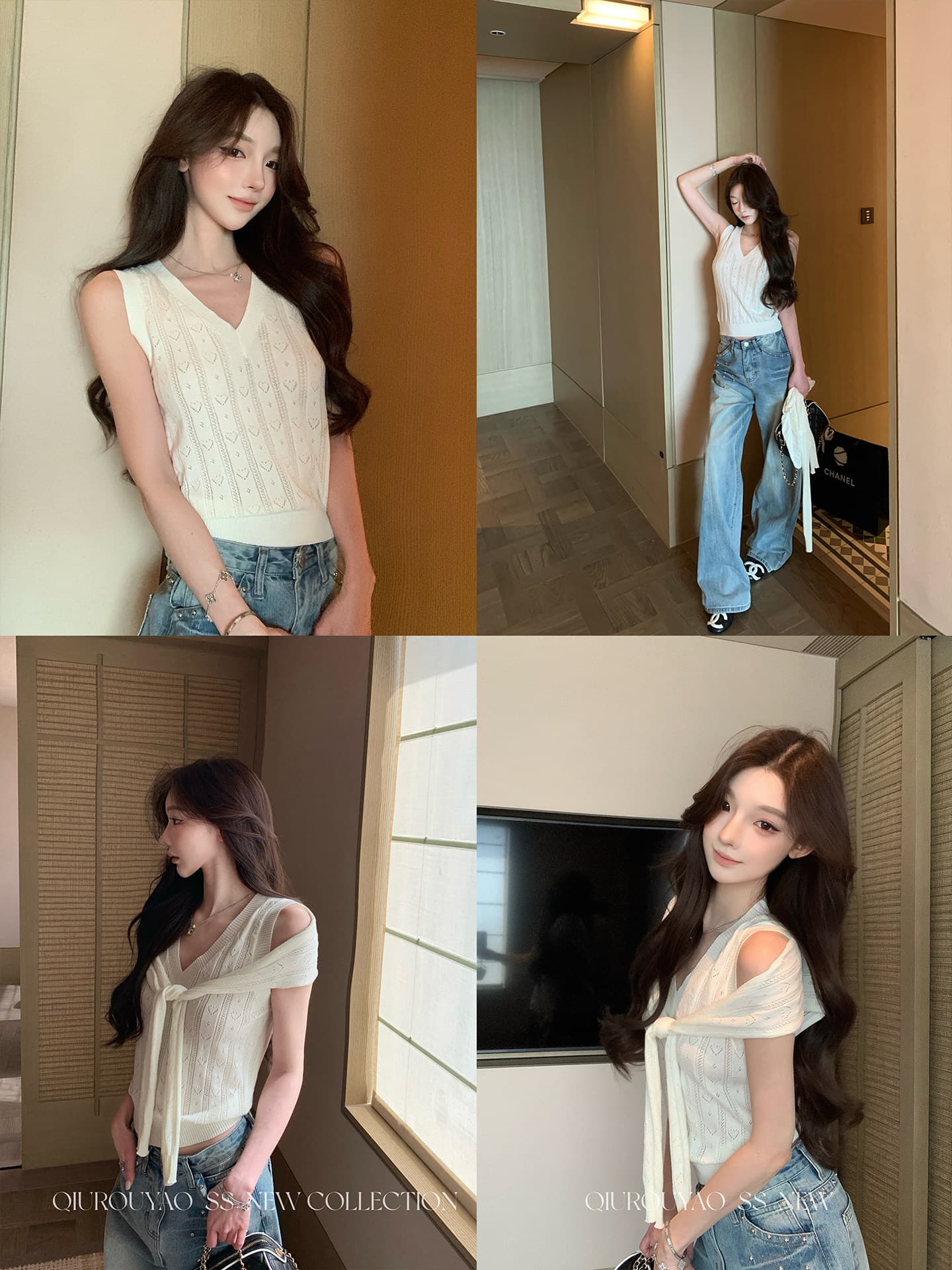 치우 고기 야오 봄날 crush 캐주얼 바람 포함 양모 V넥 니트 조끼 숄 두 조각 여성 세트 여름 이미지 4
