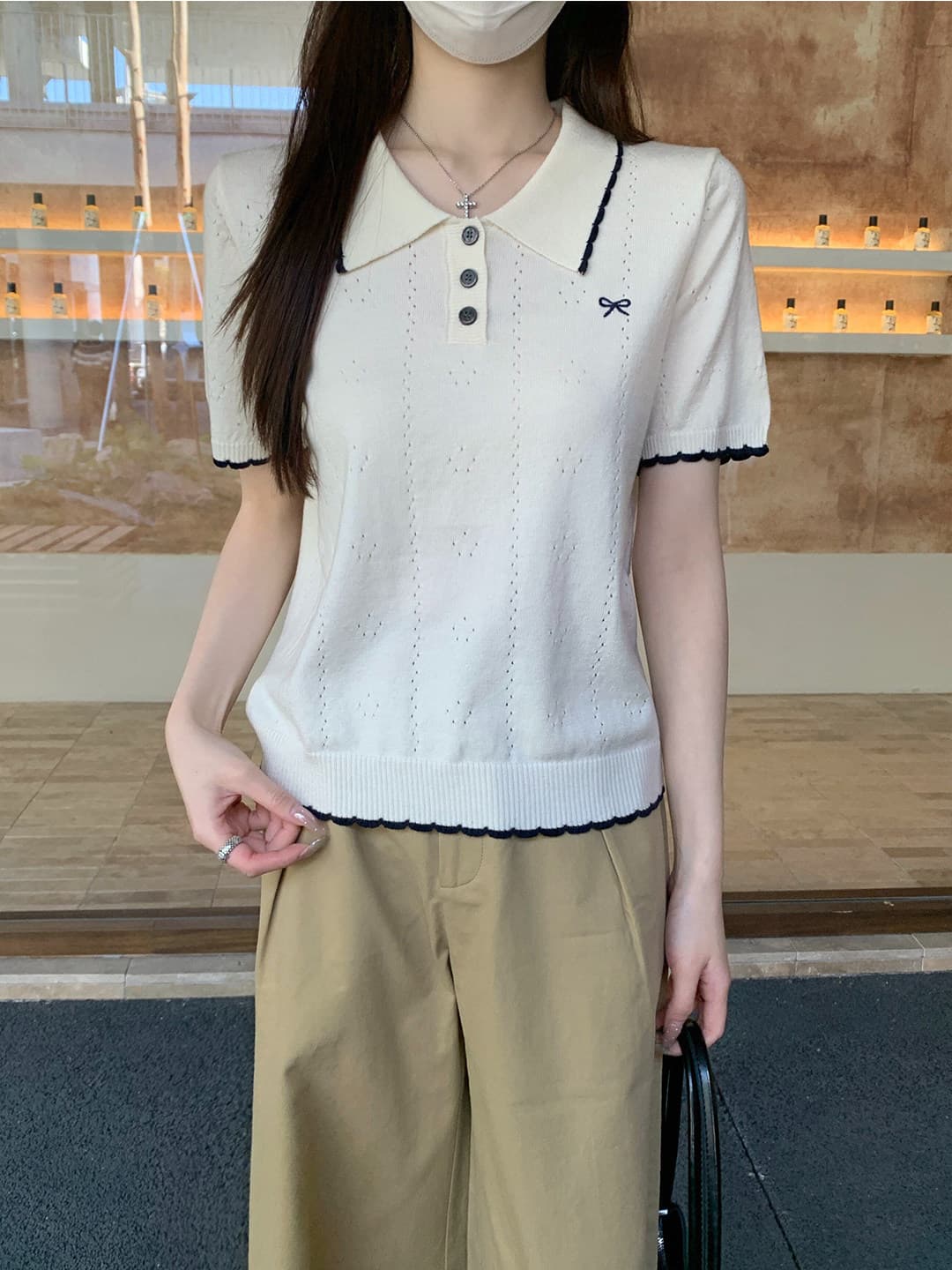 부드러운 POLO 칼라 프릴 반팔 니트 스웨터 여성 2026 여름 새로운 배색 측면 몸매 가꾸기 슬림해 보이는 맨위 트렌디
