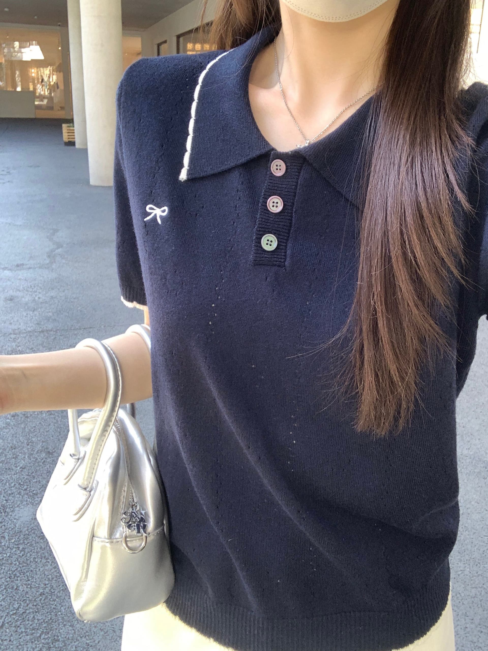 부드러운 POLO 칼라 프릴 반팔 니트 스웨터 여성 2026 여름 새로운 배색 측면 몸매 가꾸기 슬림해 보이는 맨위 트렌디 상세 이미지 1