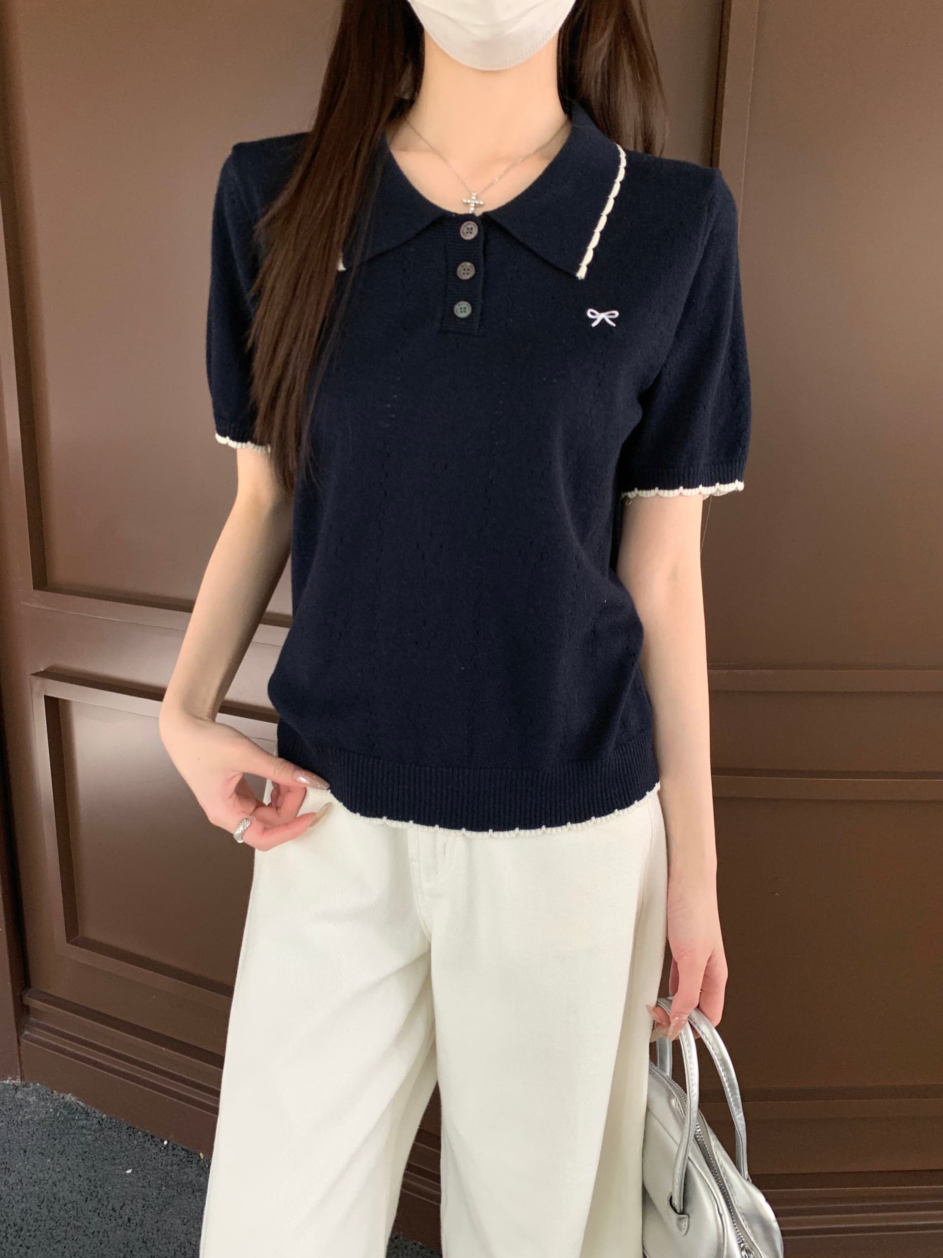 부드러운 POLO 칼라 프릴 반팔 니트 스웨터 여성 2026 여름 새로운 배색 측면 몸매 가꾸기 슬림해 보이는 맨위 트렌디 상세 이미지 2