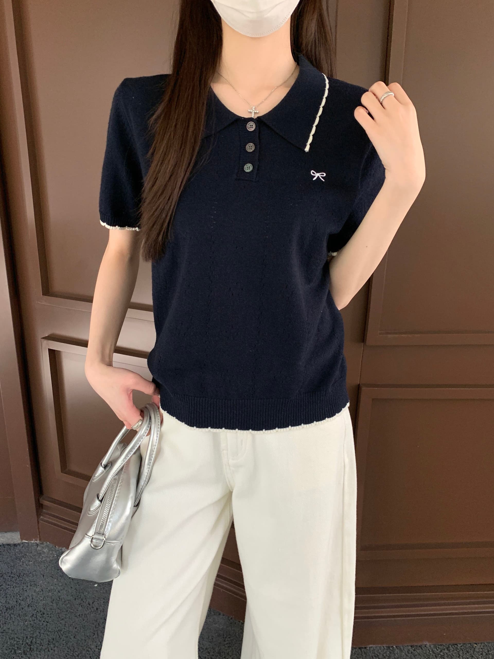 부드러운 POLO 칼라 프릴 반팔 니트 스웨터 여성 2026 여름 새로운 배색 측면 몸매 가꾸기 슬림해 보이는 맨위 트렌디 상세 이미지 3