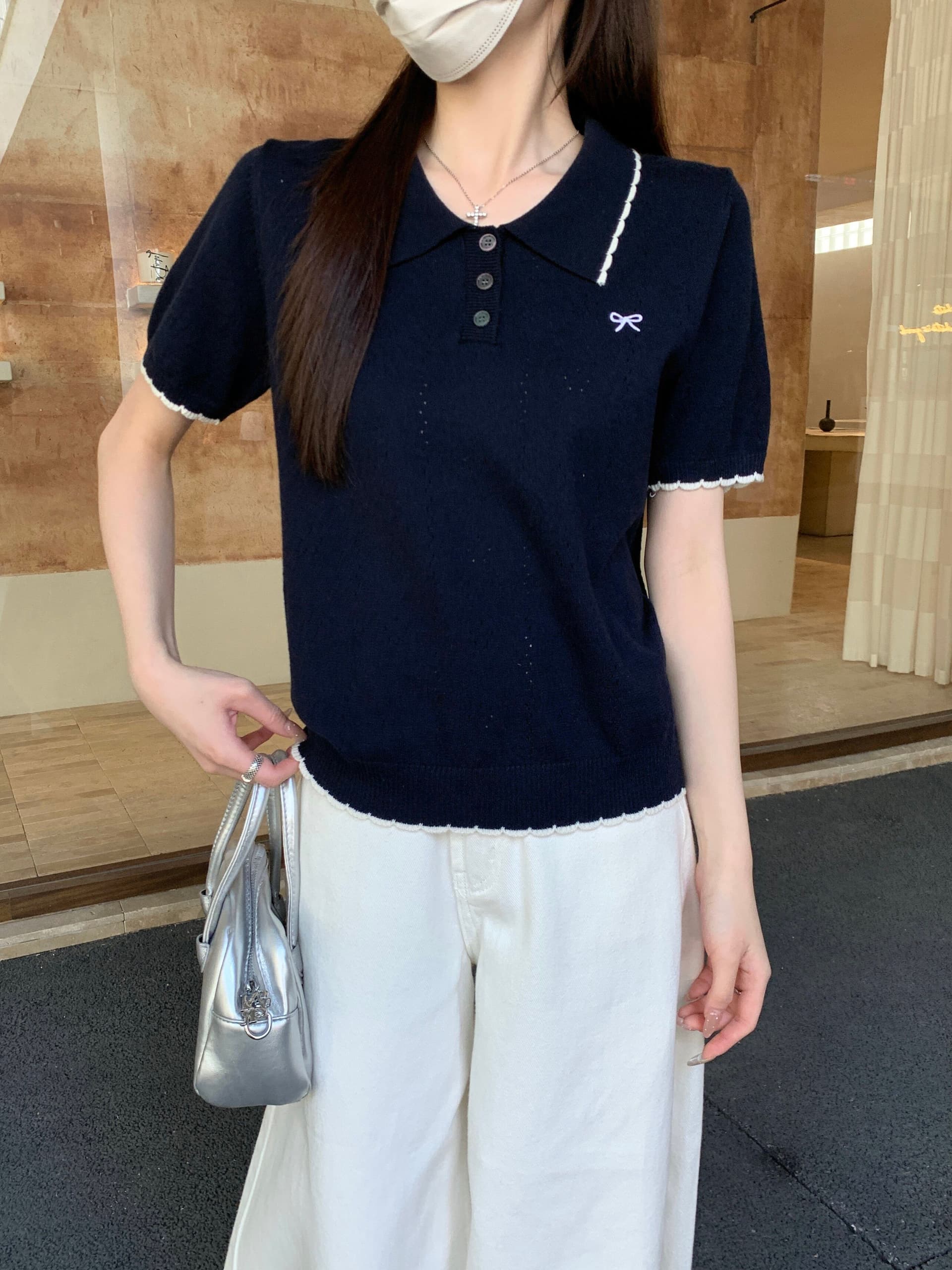부드러운 POLO 칼라 프릴 반팔 니트 스웨터 여성 2026 여름 새로운 배색 측면 몸매 가꾸기 슬림해 보이는 맨위 트렌디 상세 이미지 9