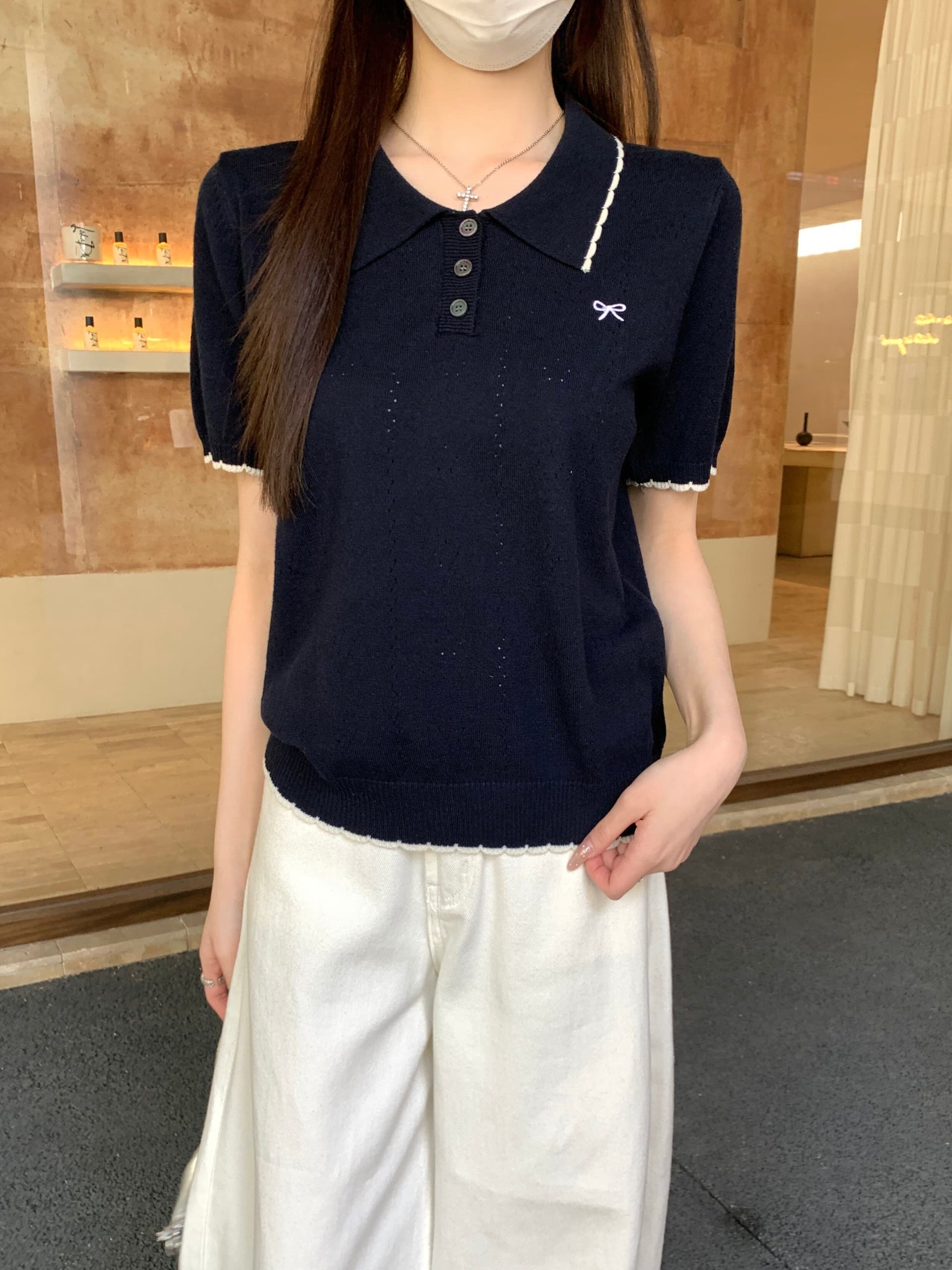 부드러운 POLO 칼라 프릴 반팔 니트 스웨터 여성 2026 여름 새로운 배색 측면 몸매 가꾸기 슬림해 보이는 맨위 트렌디 상세 이미지 10