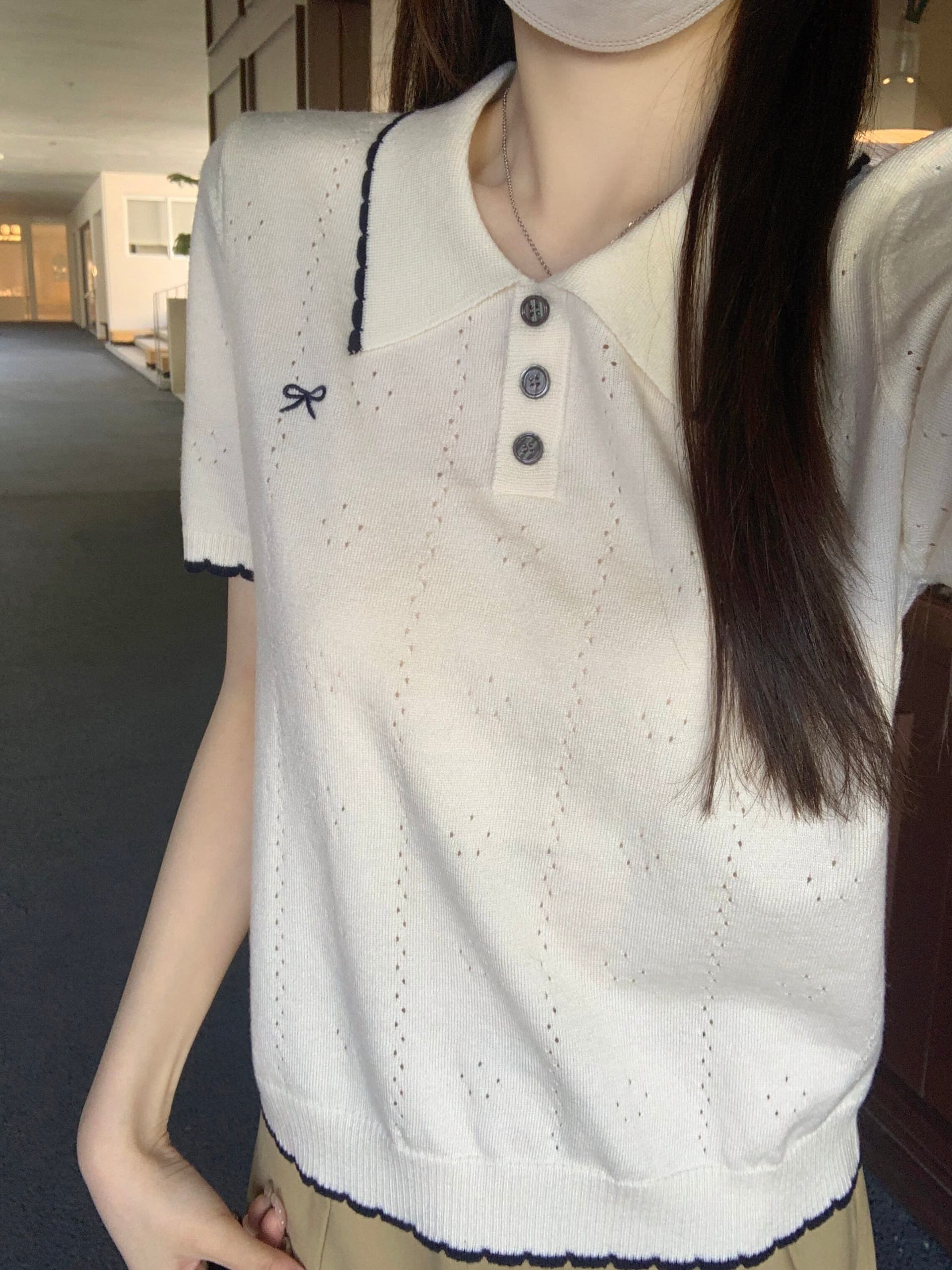 부드러운 POLO 칼라 프릴 반팔 니트 스웨터 여성 2026 여름 새로운 배색 측면 몸매 가꾸기 슬림해 보이는 맨위 트렌디 상세 이미지 13