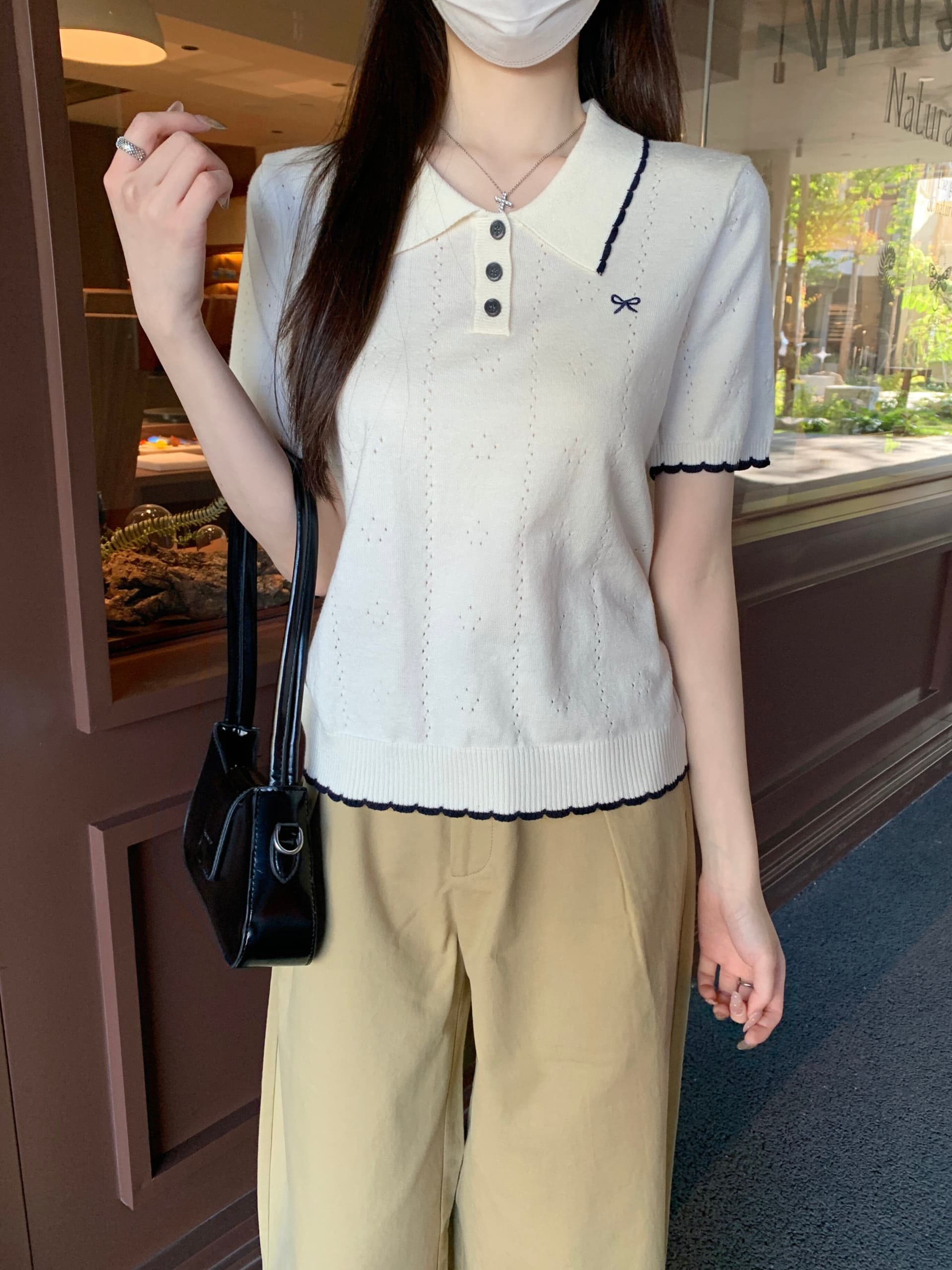 부드러운 POLO 칼라 프릴 반팔 니트 스웨터 여성 2026 여름 새로운 배색 측면 몸매 가꾸기 슬림해 보이는 맨위 트렌디 상세 이미지 16