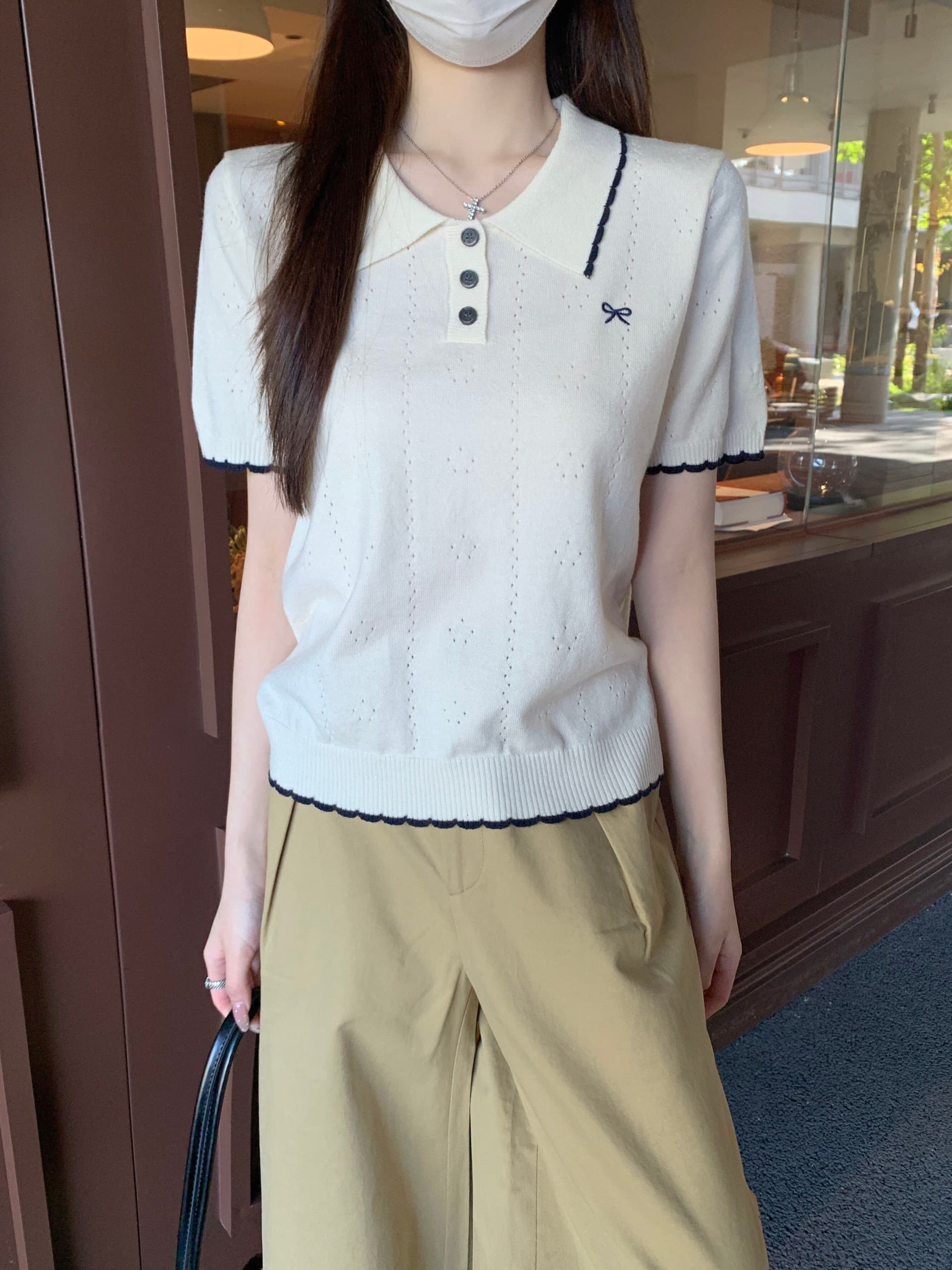 부드러운 POLO 칼라 프릴 반팔 니트 스웨터 여성 2026 여름 새로운 배색 측면 몸매 가꾸기 슬림해 보이는 맨위 트렌디 상세 이미지 17