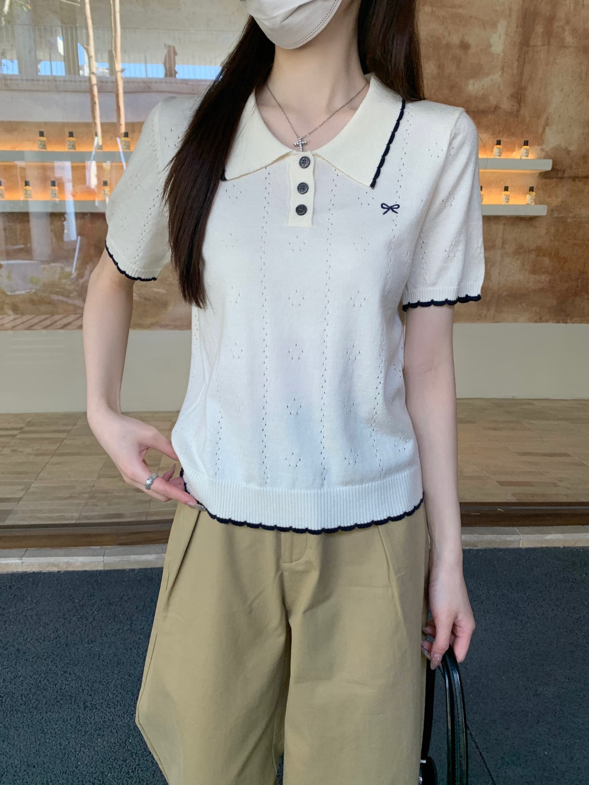 부드러운 POLO 칼라 프릴 반팔 니트 스웨터 여성 2026 여름 새로운 배색 측면 몸매 가꾸기 슬림해 보이는 맨위 트렌디 상세 이미지 21