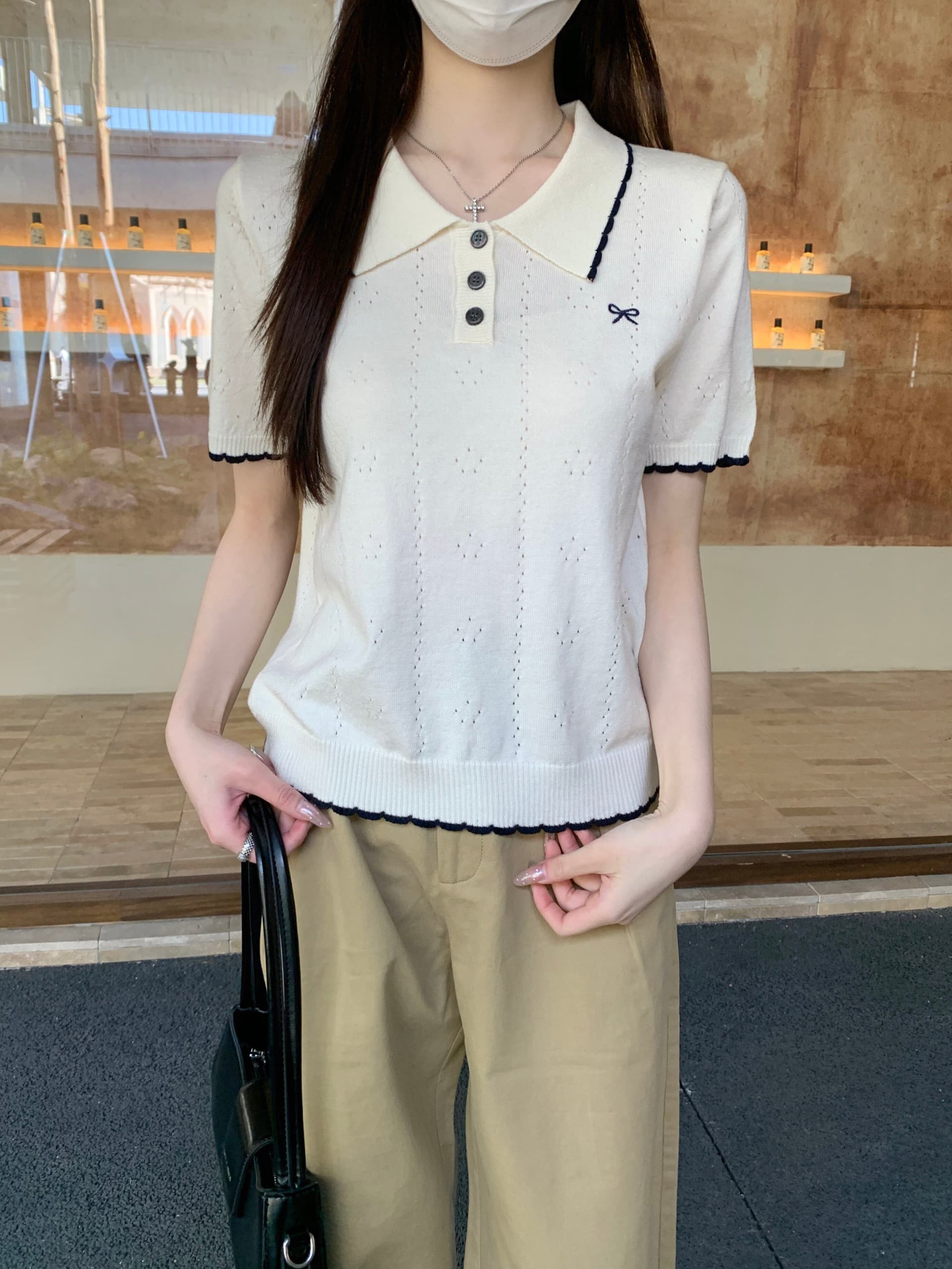 부드러운 POLO 칼라 프릴 반팔 니트 스웨터 여성 2026 여름 새로운 배색 측면 몸매 가꾸기 슬림해 보이는 맨위 트렌디 상세 이미지 23