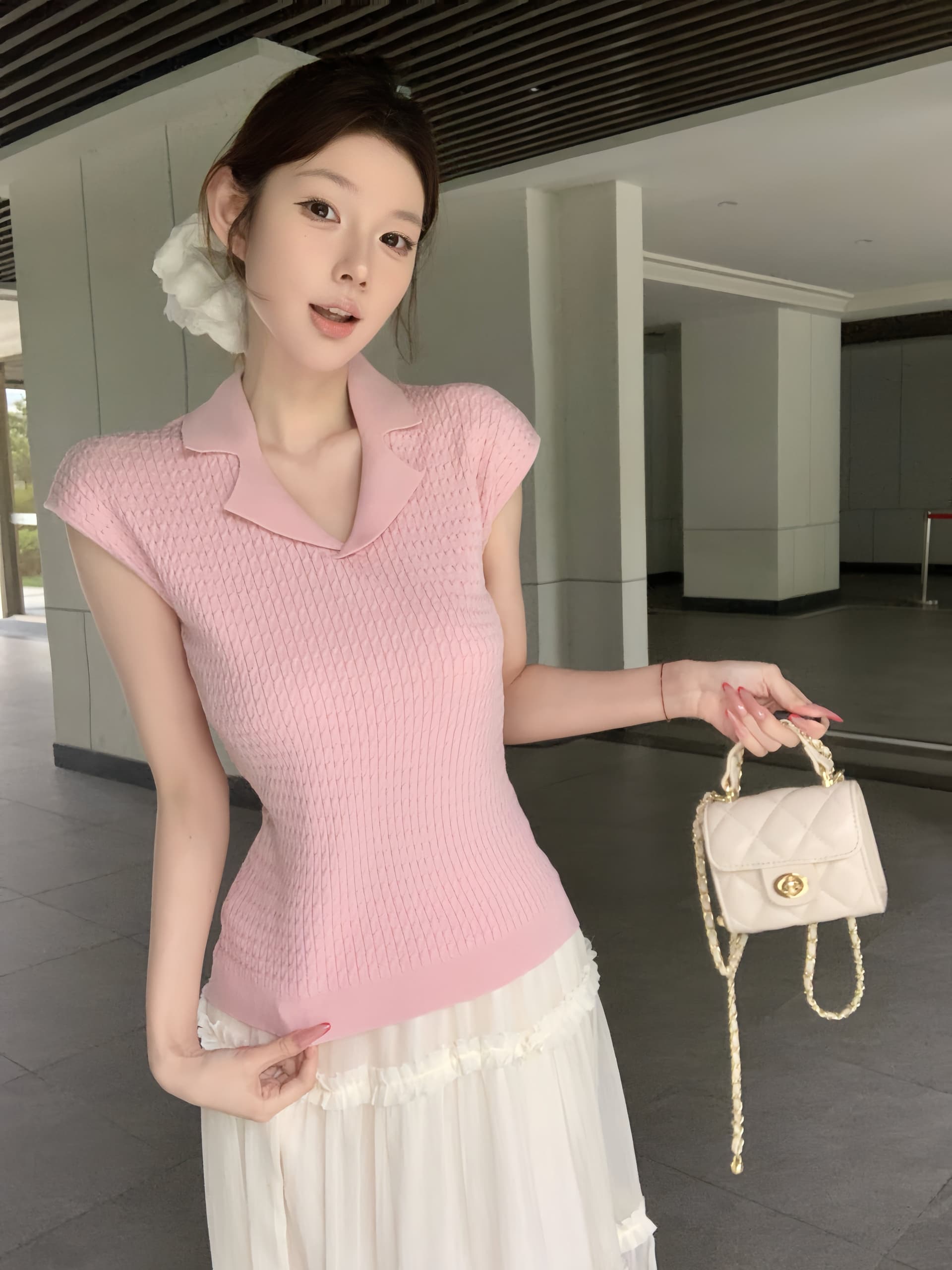 핑크색 폴로 칼라 작은 날다 소매 니트 티셔츠 여성 의류 여름 캐주얼 몸매 가꾸기 슬림해 보이는 기본 셔츠 다용도 풀오버 맨위 상세 이미지 11