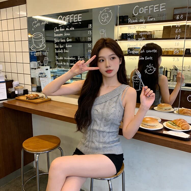 새로운 마 무늬 비스듬한 어깨 니트 쇼트 스타일 허리 수축 캐미솔 레트로 순수한 욕망 바람 외출용 작은 키 품격 상세 이미지 3