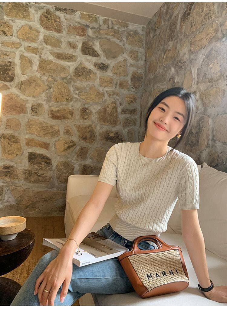 여름 레트로 여성 셔츠 라운드 넥 쇼트 스타일 몸매 가꾸기 반팔 꽈배기 니트 스웨터 다용도 품격 디자인 센스 고급 센스 상세 이미지 18