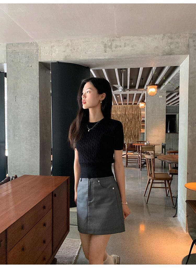 여름 레트로 여성 셔츠 라운드 넥 쇼트 스타일 몸매 가꾸기 반팔 꽈배기 니트 스웨터 다용도 품격 디자인 센스 고급 센스 상세 이미지 25